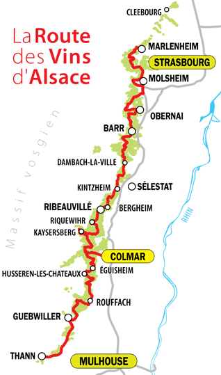 Carte simplifiée de la Route des Vins d'Alsace